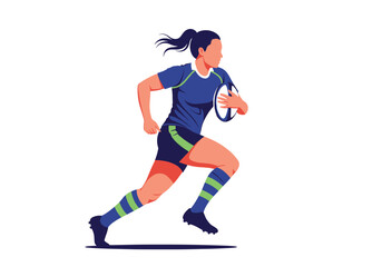 Naklejka premium A determined female rugby player running with the ball during a match on a bright day