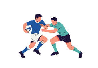 Rugby players in action during a competitive sporting match engaged in a tackle