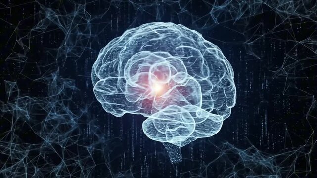 A wireframe model of a brain with a red glow at its center surrounded by geometric patterns