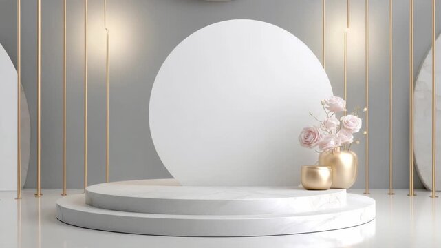 Luxurious marble display podium with pink flower bouquet in gold vases, soft lights, and minimalist gray background, concept of elegance