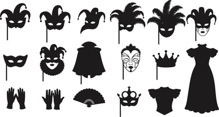 Venetian carnival mask collection, masquerade party accessories, feather masks, jester hats, elegant costumes, gloves, fans, royal crown, festive celebration