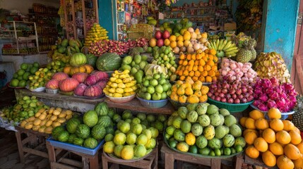 Obraz premium Colorful fruit stall overflowing with various tropical produce
