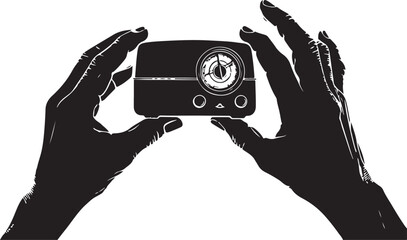 Silhouette of hands holding an old-fashioned radio vintage