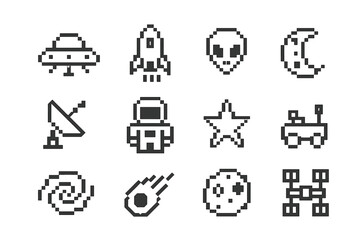 Pixel Space Icons. Line style icons of pixel space: pixel UFO, pixel rocket, pixel alien, pixel moon; pixel satellite dish, pixel