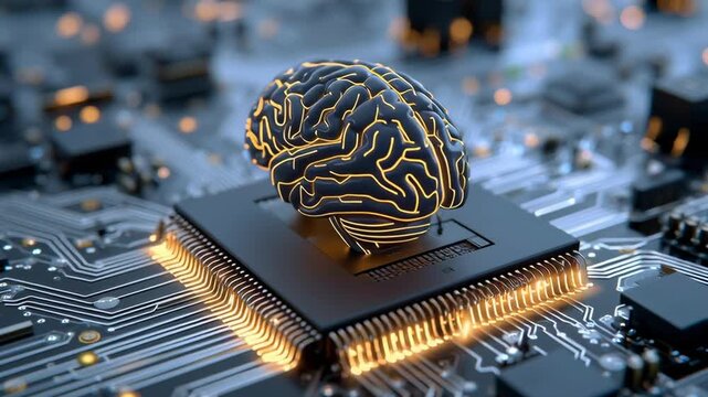 A computer chip with a brain on it. The brain is glowing and the chip is black. Concept of technology and intelligence