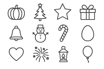 Monochrome Holiday Icons. Line style icons of monochrome holidays: monochrome pumpkin, monochrome Christmas tree, monochrome star,