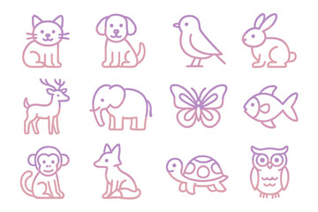 Gradient Animal Icons. Line style icons of gradient animals: gradient cat, gradient dog, gradient bird, gradient rabbit; gradient