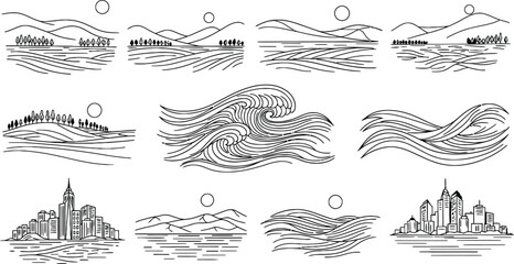 Abstract landscape cityline and nature scenes line art collection for design projects vector