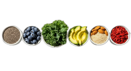 A selection of powerful superfoods in white bowls. Featuring chia seeds, blueberries, kale, avocado, almonds, and goji berries for a nutrient-rich diet