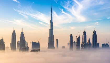 Obraz premium Skyscrapers pierce the mist like dreams in motion—where sunlight gilds the silence and the city floats between shadow and shine.