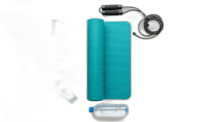 Turquoise yoga mat and jump rope with a water bottle on a white background, symbolizing fitness and a healthy lifestyle, perfect for sports and exercise content