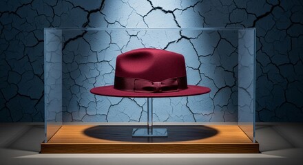 Moody Shot of a Red Fedora Hat in a Glass Case with a Cracked Wall