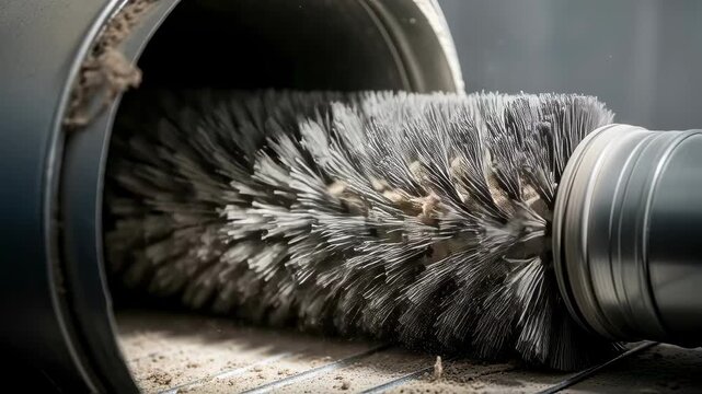 Slowmotion footage of dusty lint being dislodged and swept away by a rotating dryer vent duct brush during a routine dryer service.
