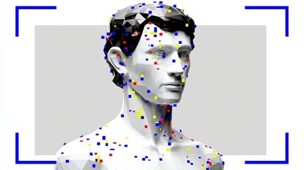 Digital representation of a human head and shoulders with colorful dots marking facial features and body parts, suggesting facial recognition or biometric data analysis, isolated on white background.