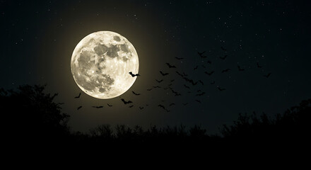 Creepy full moon with bats flying background