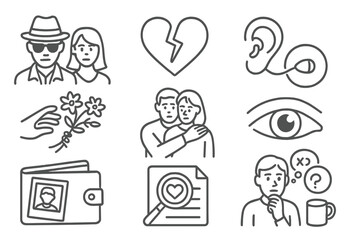 Undercover Love Conflict. Line style icons of romantic conflict in undercover: agent and target side by side, torn heart icon,