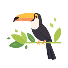 Fototapeta premium An illustrated toucan perched on a branch with vibrant green leaves, creating a tropical scene