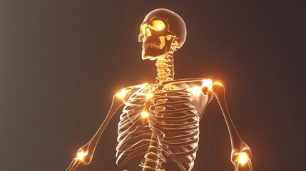 3d render of human skeletal system with glowing joints on a gradient charcoal background