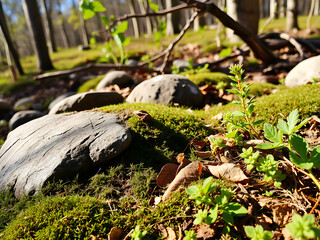 Obraz premium Serene Spring Forest Floor: Moss, Rocks, and New Growth in Sunlight