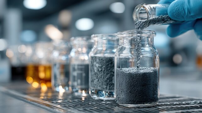 Glass bottles with chemical solutions on metal grid in pharmaceutical laboratory at daytime