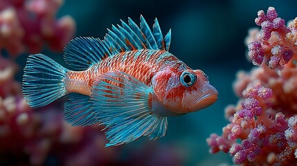 Obraz premium Coral reef scene featuring neon lionfish high resolution picture