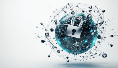 A digital illustration of an abstract globe with security symbols like padlock and shield