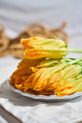 Fresh squash blossoms harvested for traditional Mexican cuisine, flor de calabaza o ayote
