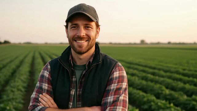 A smiling farmer in a cap stands in a vast field, captured from a low-angle shot. The video conveys a sense of pride and connection to nature.