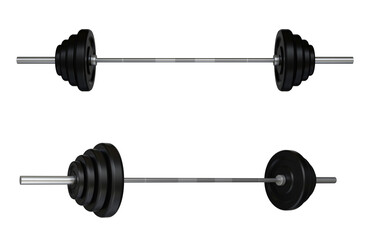 Set of barbell on a isolated background. 3d illustration. Sport, fitness, bodybuilding, exercise or weightlift concept. Set of barbell with chrome handle and black plates isolated.