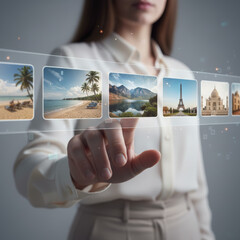 Businesswoman Interacting with a Virtual Touchscreen, Choosing Images from a Digital Gallery