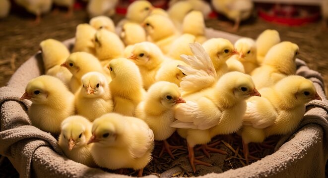 A gathering of fluffy yellow chicks huddled together in a cozy basket evoking warmth and cuteness