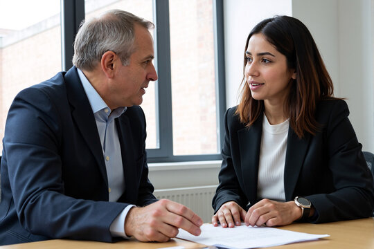 Senior businessman mentoring or consulting with younger female colleague in modern office. Two diverse professionals discussing documents and strategy during corporate meeting