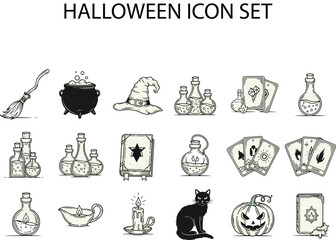 Hand drawn halloween icon set featuring witchcraft and spooky symbols for festive designs vector