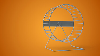 Empty metal hamster wheel isolated on a orange background. Hamster wheel made of metal with space for text. Running concept.