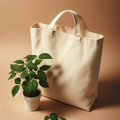 White Canvas Tote Bag with Green Plant Minimalist Beige Background