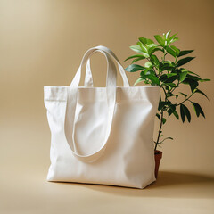 White Canvas Tote Bag with Green Plant Minimalist Beige Background