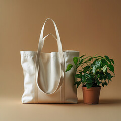 White Canvas Tote Bag with Green Plant Minimalist Beige Background