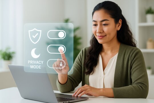 A woman using a laptop with the interface Privacy Mode indicating data protection and security settings. The scene portrays a blend of technology, personal use, and safe online practices.
