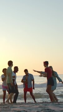 Vertical video: Diverse friends circling on sandy shore at sunset, following arm raise into dance