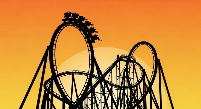 Thrilling Roller Coaster Ride Silhouette Against a Fiery Sunset Sky