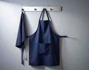 A dark blue chef apron hanging on a metal hook rack against a grey wall.