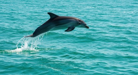 Naklejka premium A graceful dolphin leaps from the turquoise water, showcasing its agility and beauty against a vibrant backdrop.