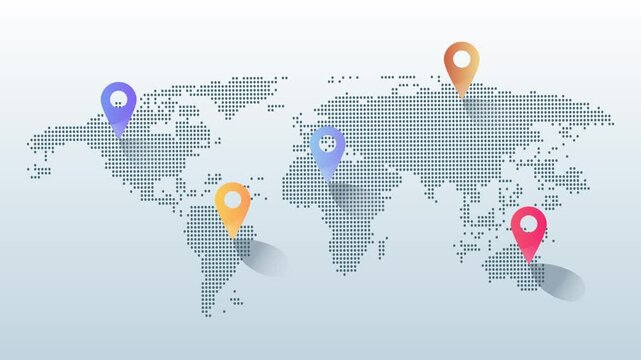 World map with location symbol animation, World map pin location animation, world map pin pointer location animated video