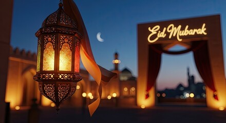 Eid mubarak lantern decoration with mosque and crescent moon at night