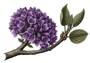 Highly detailed scientific botanical illustration of an ancient gnarled branch, deep violet bell-shaped blossoms, olive-green leaves on a transparent background. Concept of scientific reverence for