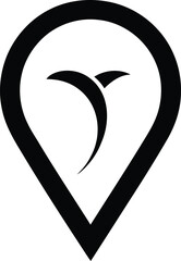 Minimalist Location Pin with Abstract Bird Icon, Design for Travel App or Map Application, Simple Black and White Graphic Element