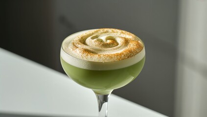 Matcha cocktail topped with creamy gold foam in minimalist elegant glass