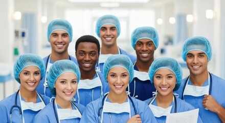Diverse Group of Healthcare Professionals in Surgical Scrubs and Caps Standing Together in a Hospital Setting