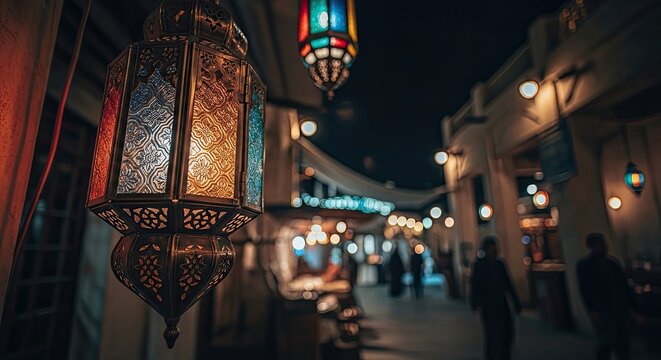 Colorful arabic lanterns illuminating a night market - Powered by Adobe