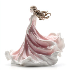 3D figurine of a little girl in a long fluttering dress of snow-white and vanilla tones isolated on a white background. Illustration for advertising children's holiday outfits, creative print, sketch 